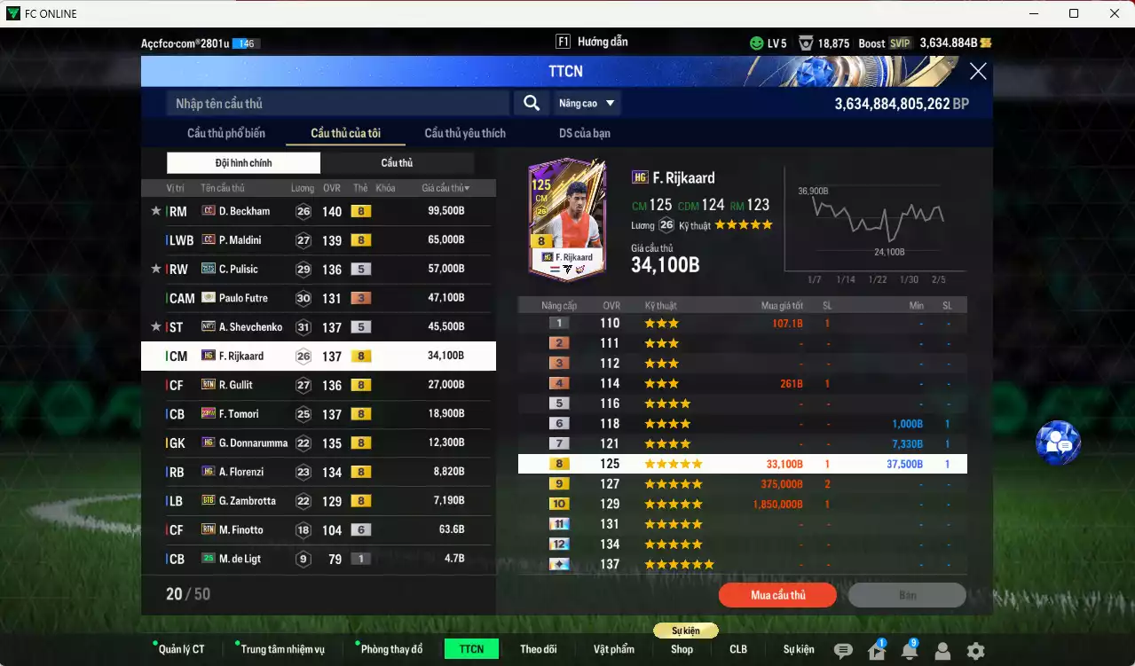 Ảnh AC Milan 422.480b có Beckham CC, Maldini CC, Pulisic 25TS, Futre ITM+3, Sheva No.7, Rijkaard HG, Gullit RTN... HLV Xịn, đã đào tạo full chỉ số nhiều cầu thủ