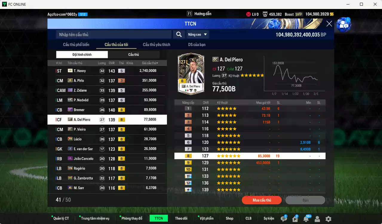 Ảnh Juventus 3.808.030b dư 100kb có Henry ITM+5, Pirlo ITM+3, Zidane CH, Nedved LE+6, Bremer UT, Del Piero DC, Vieira DC, Lúcio JNM... Full miniface, còn nhiều coin TM. HLV Xịn, đã đào tạo full chỉ số ct. VIP BK Tháng 2