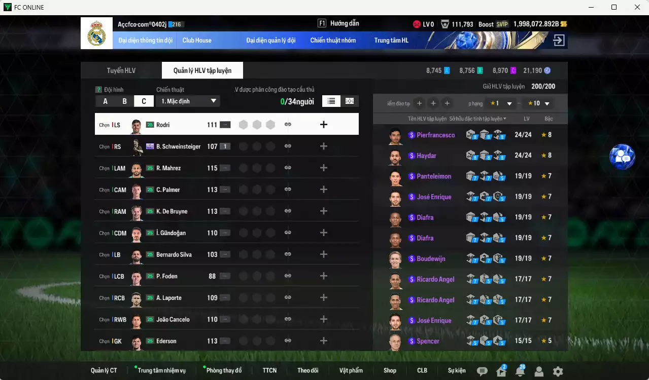 Ảnh ACC 1998072b trắng, có thẻ đổi tên, full miniface. HLV Xịn, gần full đào tạo chiến thuật, dư 100k TC