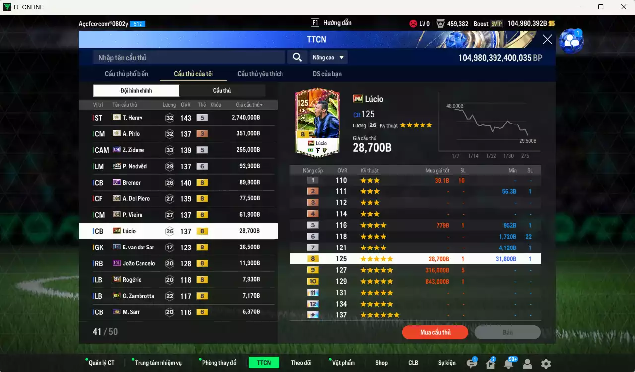 Ảnh Juventus 3.808.030b dư 100kb có Henry ITM+5, Pirlo ITM+3, Zidane CH, Nedved LE+6, Bremer UT, Del Piero DC, Vieira DC, Lúcio JNM... Full miniface, còn nhiều coin TM. HLV Xịn, đã đào tạo full chỉ số ct. VIP BK Tháng 2