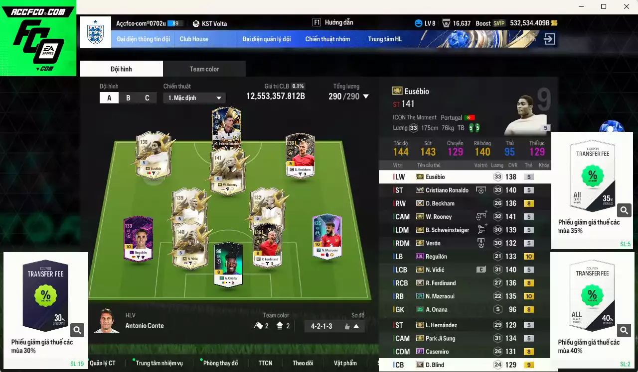 [Dư nhiều BP, Chưa nạp x8 FC Tết🐎] ] Man Utd. 12.553.350b dư 530kb có Rooney ITM+5, CR7 WS, Eusébio ITm+5, Schweinsteiger ITM+5, Vidic ITM+5, Casemiro UT, Mazraoui SPL+10, Park ITM+5, Verón ITM+5, Beckham DC, Reguilón LOL+10, Ferdinand DC... HLV Xịn, đã đào tạo full chỉ số cầu thủ. VIP BK Tháng 2