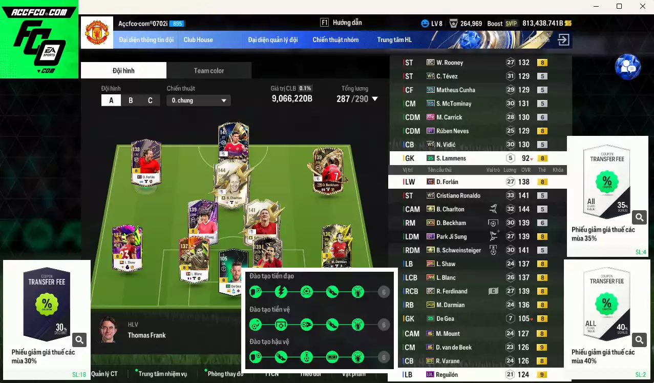 [Tặng 400FC, Dư nhiều BP,Chưa nạp x8 FC Tết🐎 ] Man Utd. 9.066.220b dư 800kb có Charlton ITM+5, CR7 WS, Schweinsteiger ITM+5, Beckham DCB+6, Cunha 25TS, Varane BTB, McTominay 25TS, Forlán CC, Park UT, Darmian 24EP, Vidic WS, Ferdinand DC...Full miniface, HLV Xịn, đã đào tạo full chỉ số cần thủ vs gần full chiến thuật. VIP BK Tháng 2