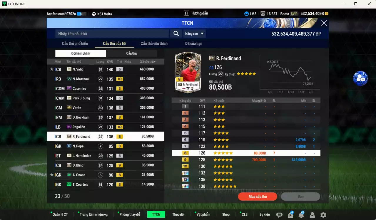 Ảnh [Dư nhiều BP, Chưa nạp x8 FC Tết🐎] ] Man Utd. 12.553.350b dư 530kb có Rooney ITM+5, CR7 WS, Eusébio ITm+5, Schweinsteiger ITM+5, Vidic ITM+5, Casemiro UT, Mazraoui SPL+10, Park ITM+5, Verón ITM+5, Beckham DC, Reguilón LOL+10, Ferdinand DC... HLV Xịn, đã đào tạo full chỉ số cầu thủ. VIP BK Tháng 2