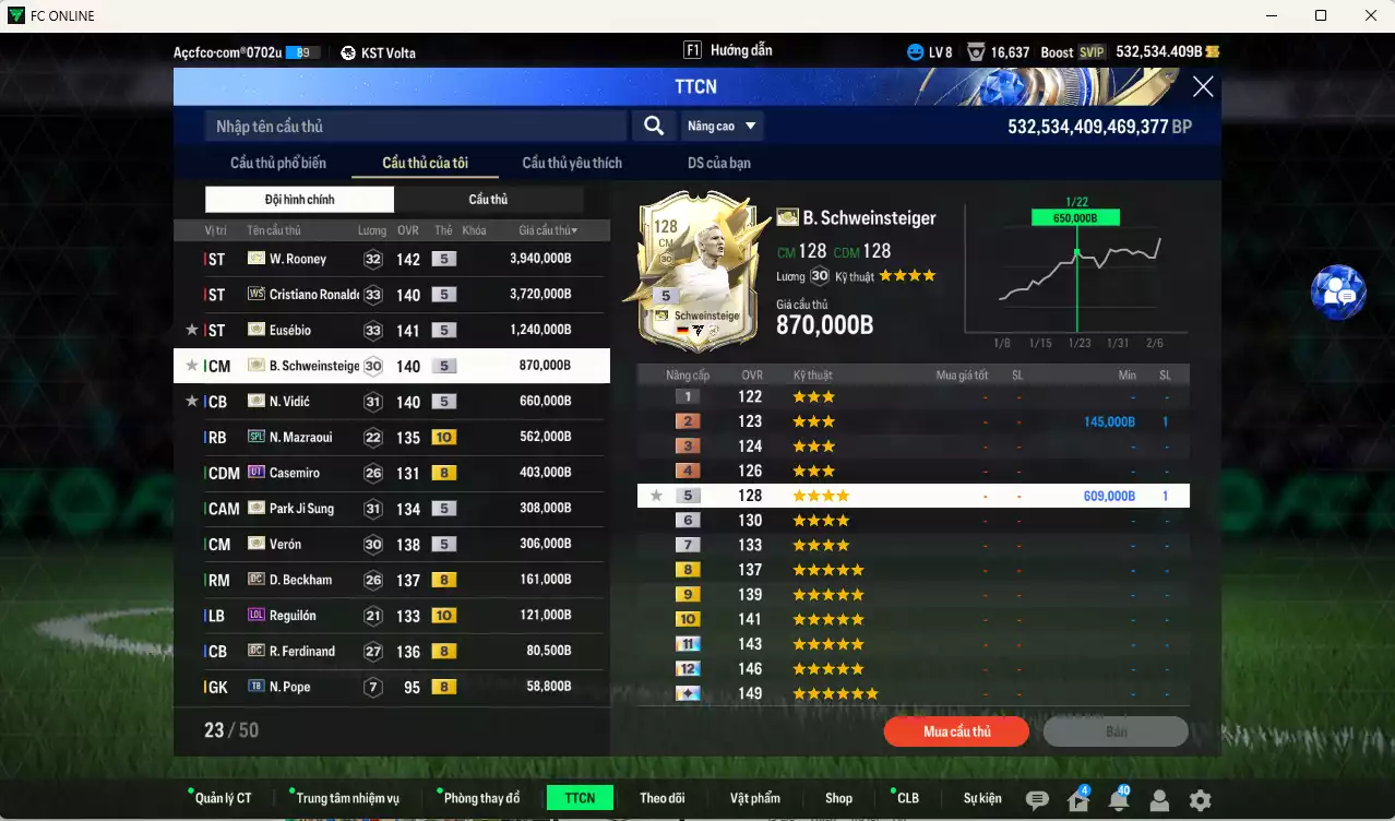 Ảnh [Dư nhiều BP, Chưa nạp x8 FC Tết🐎] ] Man Utd. 12.553.350b dư 530kb có Rooney ITM+5, CR7 WS, Eusébio ITm+5, Schweinsteiger ITM+5, Vidic ITM+5, Casemiro UT, Mazraoui SPL+10, Park ITM+5, Verón ITM+5, Beckham DC, Reguilón LOL+10, Ferdinand DC... HLV Xịn, đã đào tạo full chỉ số cầu thủ. VIP BK Tháng 2