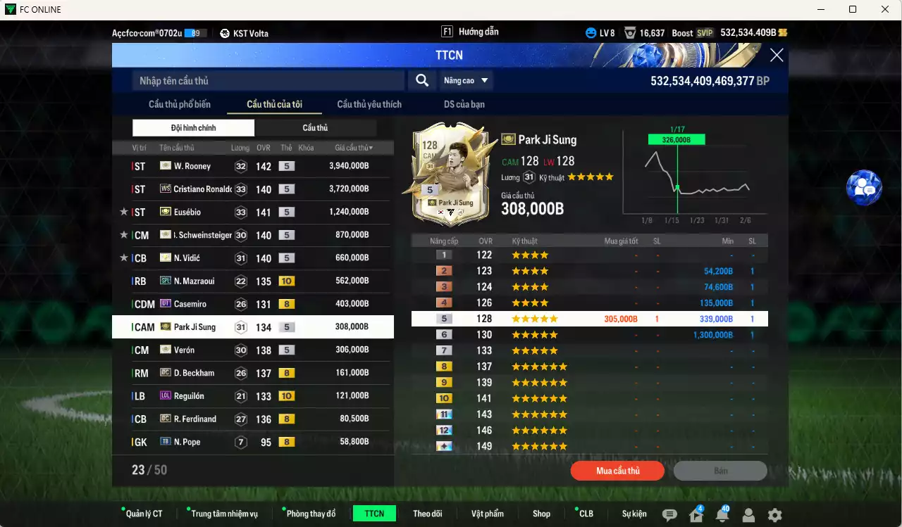 Ảnh [Dư nhiều BP, Chưa nạp x8 FC Tết🐎] ] Man Utd. 12.553.350b dư 530kb có Rooney ITM+5, CR7 WS, Eusébio ITm+5, Schweinsteiger ITM+5, Vidic ITM+5, Casemiro UT, Mazraoui SPL+10, Park ITM+5, Verón ITM+5, Beckham DC, Reguilón LOL+10, Ferdinand DC... HLV Xịn, đã đào tạo full chỉ số cầu thủ. VIP BK Tháng 2