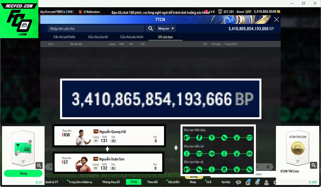 [ACC Cổ] ACC 3410865b trắng vs Xuân Son PRM+5, Quang Hải PRM+5, Công Phượng PRM+2, còn nhiều CP GIẢM THUẾ vs SVIP, full miniface. HLV Siêu Xịn, đã full đào tạo chiến thuật, dư 200k TC