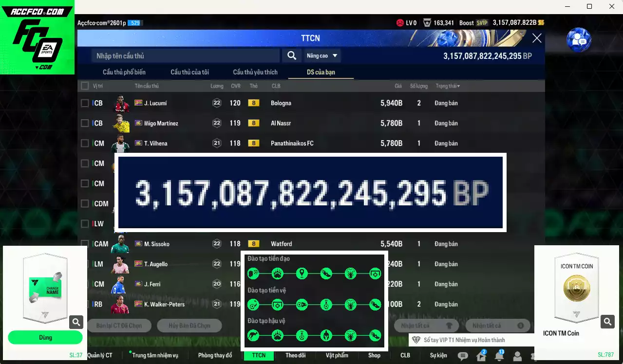 ACC 3157087b trắng, có thẻ đổi tên. HLV Xịn, đã full đào tạo chiến thuật, dư 160k TC