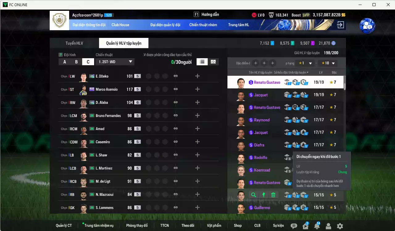 Ảnh ACC 3157087b trắng, có thẻ đổi tên. HLV Xịn, đã full đào tạo chiến thuật, dư 160k TC