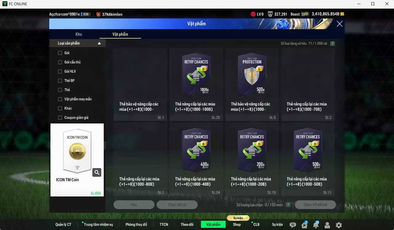 Ảnh [ACC Cổ] ACC 3410865b trắng vs Xuân Son PRM+5, Quang Hải PRM+5, Công Phượng PRM+2, còn nhiều CP GIẢM THUẾ vs SVIP, full miniface. HLV Siêu Xịn, đã full đào tạo chiến thuật, dư 200k TC