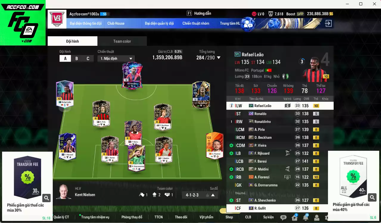 [Dư nhiều BP, Chưa nạp x8 FC Tết🐎] AC Milan 1.359.200b dư 230kb có Ronaldo CH, Maldini DC, Ronaldinho WS, Baresi DC, Beckham DC, Leão SPL+10, Pirlo DC, Florenzi E21+10, Vieira DC... HLV tạm, dư 180k TC, VIP BK Tháng 2