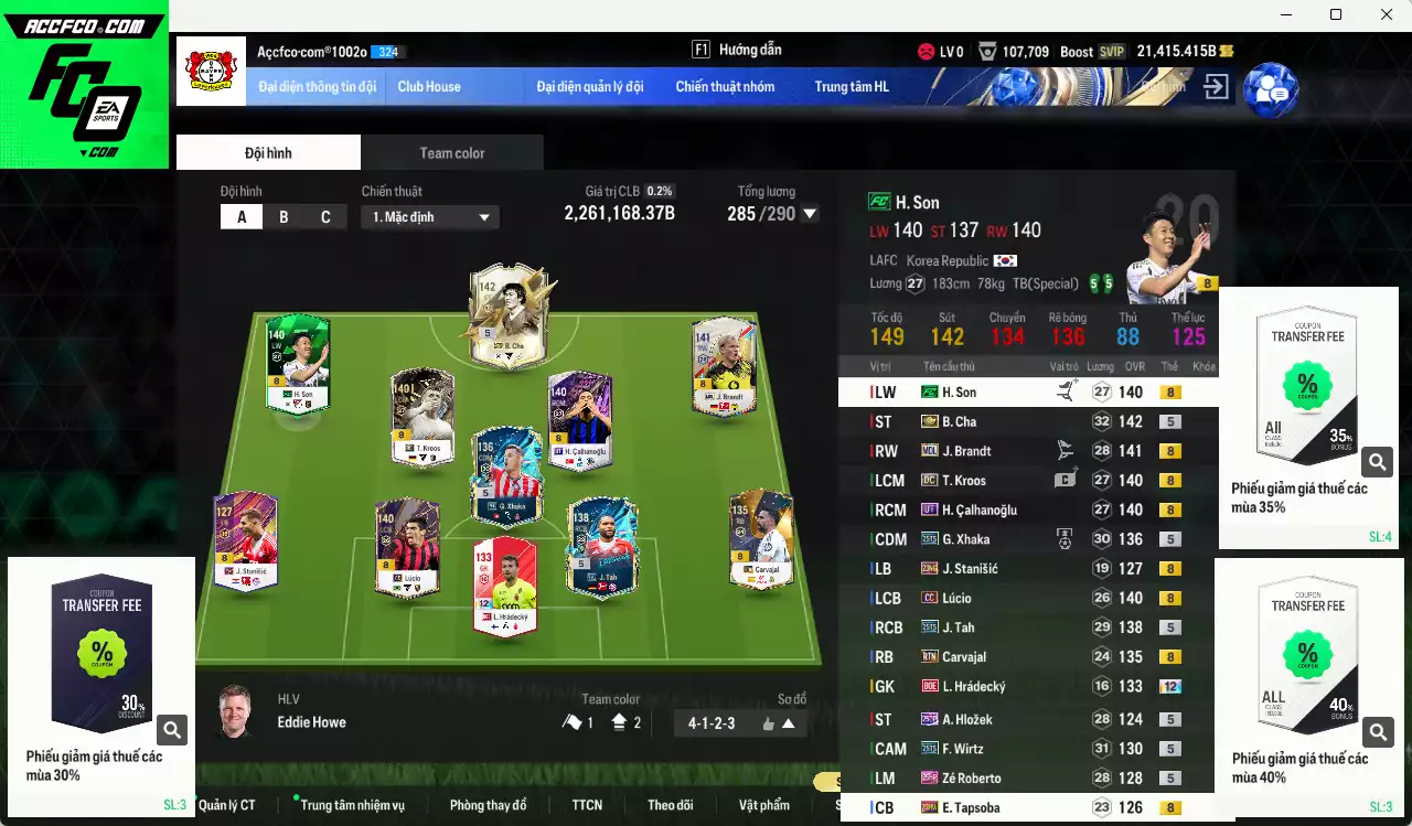 [Chưa nạp x8 FC Tết🐎] Bayer 04 Leverkusen 2.261.160b có B. Cha ITM+5, Calhanoglu UT, Kroos DC, Brand MDL, H. Son FC, Wirtz 25TS, Xhaka 25TS, Tah 25TS, Lúcio CC, Hrádecký BOE+12... Full miniface, HLV Xịn, đã đào tạo full chỉ số cầu thủ