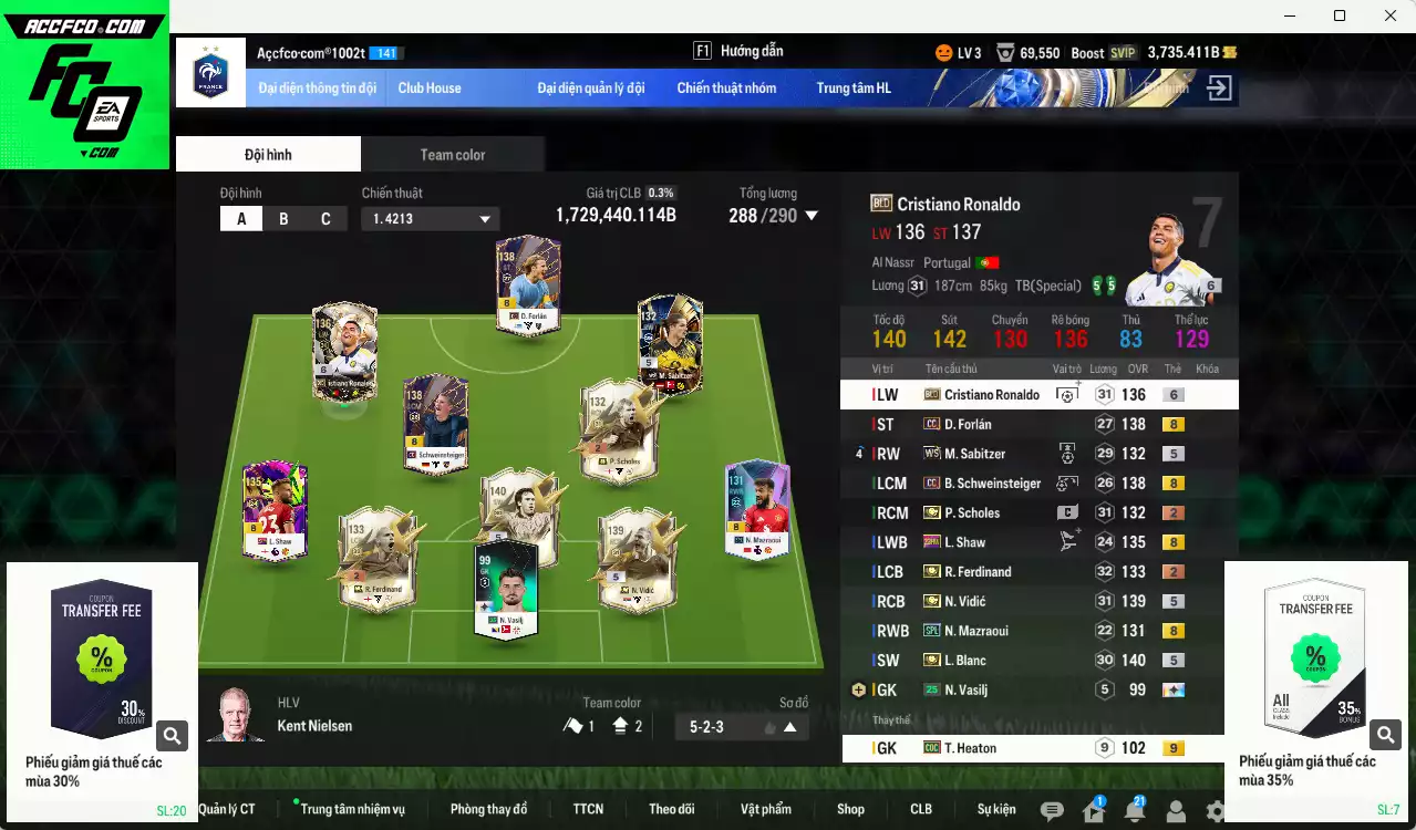 [Tặng 200MC, Chưa nạp x8 FC Tết🐎] Man Utd. 1.729.440b có Vidic ITM+5, Blanc ITM+5, CR7 BLD+6, Forlán CC, Schweisteiger CC, Ferdinand ITM+2, Scholes ITM+2, Mazraoui SPL...  HLV Xịn, đã đào tạo full chỉ số cầu thủ