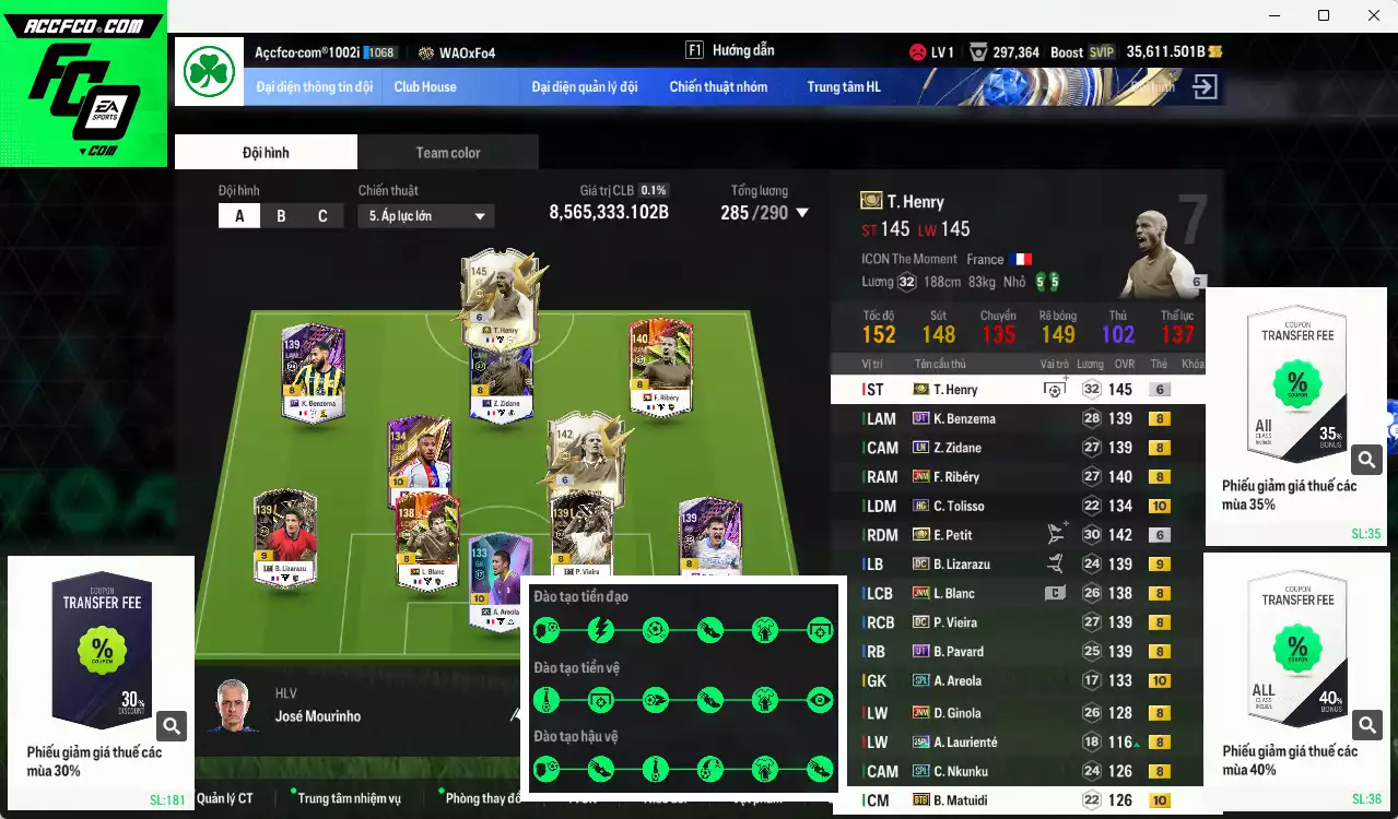 [Chưa nạp x8 FC Tết🐎] Pháp 8.565.330b đầu tàu Henry ITM+6 vs Petit ITM+6, Pavard UT, Benzema UT, Vieira DC, Zidane LN, Matuidi BTB+10, Lizarazu DC+9, Ribéry JNM, Areola SPL+10... Full miniface, còn rất nhiều CP GIẢM THUẾ vs SVIP. HLV Xịn, đã full đào tạo chiến thuật lẫn chỉ số cầu thủ