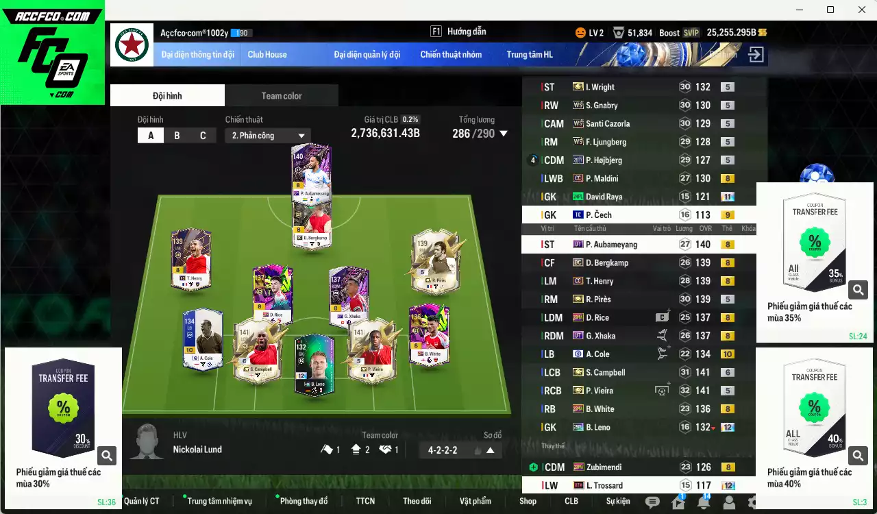 Arsenal 2.736.630b có Vieira ITM+5, Campbell ITM+6, Aubameyang UT, Wright ITM+5, Henry CC, Gnabry WS, Pirès ITM+5, A. Cole CFA+10, Xhaka UT, Bergkamp DC.. Còn nhiều CP GIẢM THUẾ, đã đào tạo full chỉ số nhiều cầu thủ