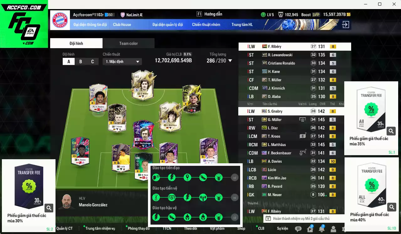 [Chưa nạp x8 FC Tết🐎] Bayern Munich 12.702.690b có G. Muller ITM+5 (fix BP) , Matthaus ITM+5, CR7 WS, Kane 25TS+6, Lewandowski WS+6, Beckenbauer CH+6, Gnabry MDL, Lúcio CC+9, Díaz 24EP, Kroos DC, Kim Min Jae UT, Kimmich 26TY, A. Davies BTB+10, Pavard UT... HLV Xịn, đã đào tạo full chỉ số cầu thủ, gần full  bảng chiến thuật. VIP BK Tháng 2