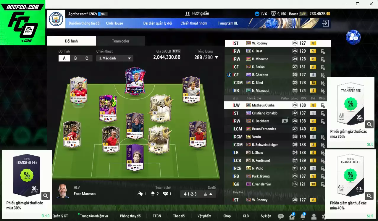 Man Utd. 2.044.330b có Vidic ITM+5, Verón ITM+5, CR7 CH, Bruno 23HW, Park CC+9, Forlán CC, Beckham CC, Cunha MDL, Shaw DC+9, Schweinsteiger CC, Ferdinand DC... Dư 260k TC