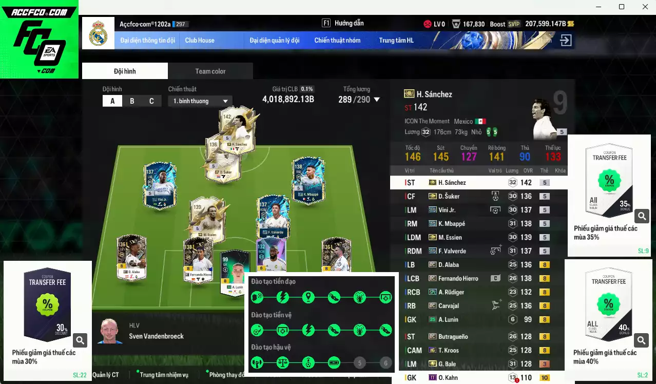 [Chưa nạp x8 FC Tết🐎] Real Madrid 4.018.890b dư 200kb có H. Sanchéz ITM+5, Bale ITM+3, Mbappé 25TS, Essien ITM+5, Valverde 25TS, Vini 25TS, Suker ITM+5, Rudiger SPL, Hierro DC, Alaba DC, Kroos HG... Full miniface, HLV Xịn, gần full đào tạo chiến thuật