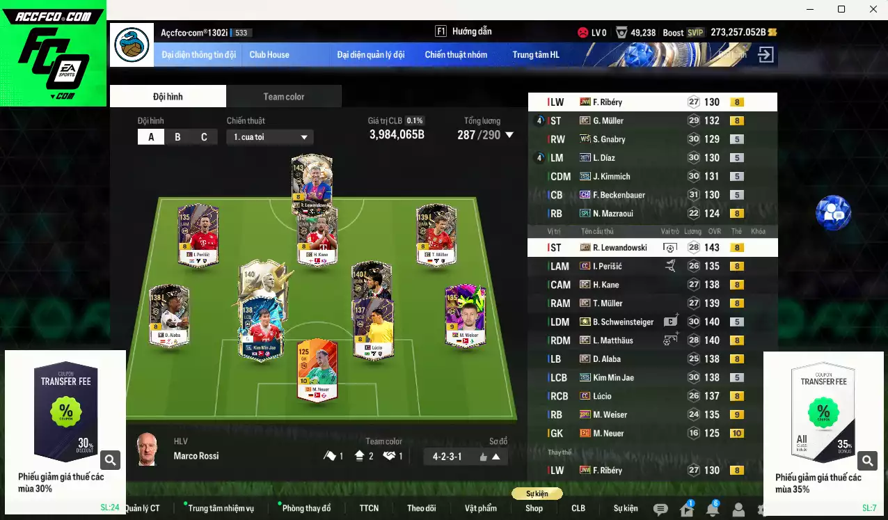 [ACC Cổ 7 năm, Chưa nạp x8 FC Tết🐎] Bayern Munich 3.984.060b dư 270kb có Lewandowski BLD(hiếm), Schweinsteiger ITM+5, Matthaus DC, Muller DC, Beckenbauer CH, Díaz 26TY, Kim Min Jae 25TS, Kimmich 25TS, Gnabry WS, Muller DC, Kane DC, Neuer BOE+10... Full miniface, HLV Xịn, dư 170k TC. VIP BK Tháng 2