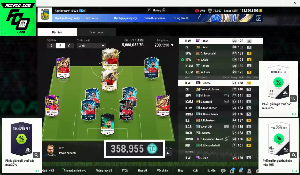 [Tặng 970FC, Chưa nạp x8 FC Tết🐎] Liverpool 5.088.630b dư 130kb có Torres ITM+5, Gerrard ITM+5, Salah 25TS, Rush ITM+5, Van Dijk 25TS, Wirts 25TS, Chiesa HG+10, Arnold 23HW+9, Robertson 23HW+9, Szoboszlai 23HW, Konaté FAC+6, MacAlliser 25TS, Gravenberch 25TS... HLV Xịn, dư 350k TC