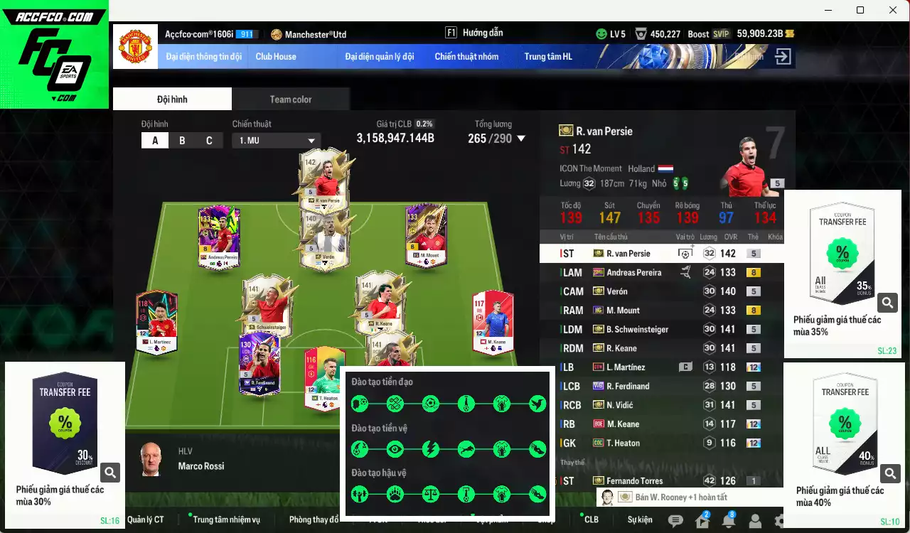 [Chưa nạp x8 FC Tết🐎] Man Utd. ITM+5 3.158.940b có Van Persie, Schweinsteiger, Vidic, Keane, Verón... ITM+5. Full miniface, còn nhiều CP GIẢM THUẾ, HLV Xịn, đã full đào tạo chiến thuật