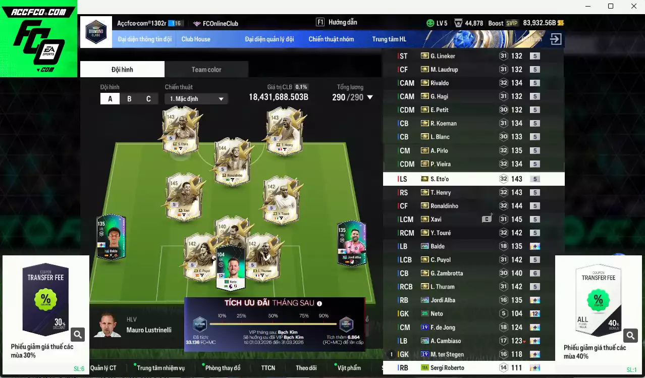 [Chưa nạp x8 FC Tết🐎] Barcelona 18.431.680b full ITM+5 có Thuram, Xavi, Henry, Eto, Ronaldinho, Pirlo, Vieira, Touré, Zambrotta+6, Rivaldo, Hagi, Puyol, Blanc, Koeman, Lineker, Petit, M. Laudrup... vs nhiều giảm lương +13. HLV Xịn, VIP KC Tháng 2, BK Tháng 3