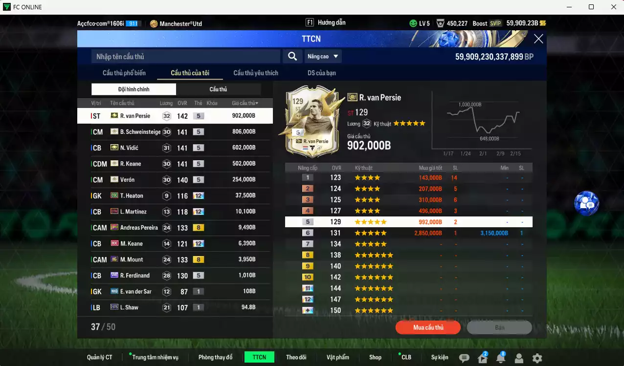 Ảnh [Chưa nạp x8 FC Tết🐎] Man Utd. ITM+5 3.158.940b có Van Persie, Schweinsteiger, Vidic, Keane, Verón... ITM+5. Full miniface, còn nhiều CP GIẢM THUẾ, HLV Xịn, đã full đào tạo chiến thuật