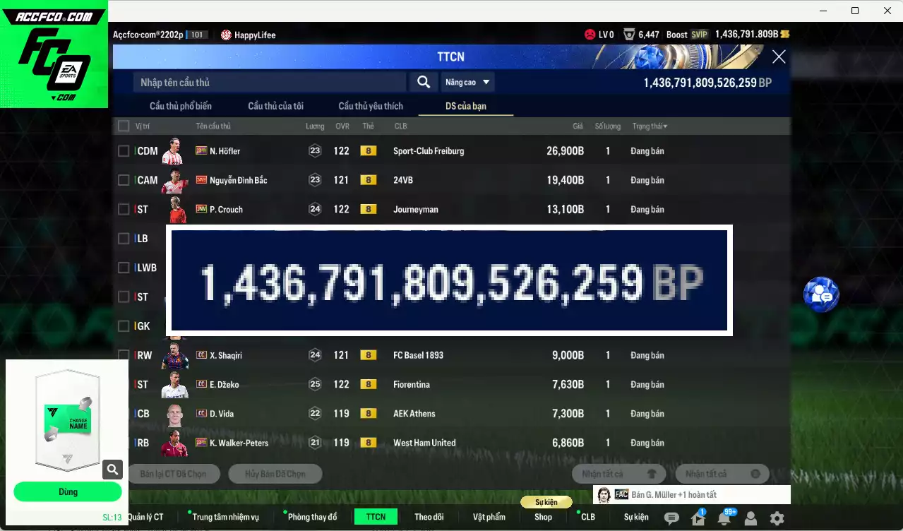 ACC 1436791b trắng, có thẻ đổi tên. HLV Xịn, dư 170k TC