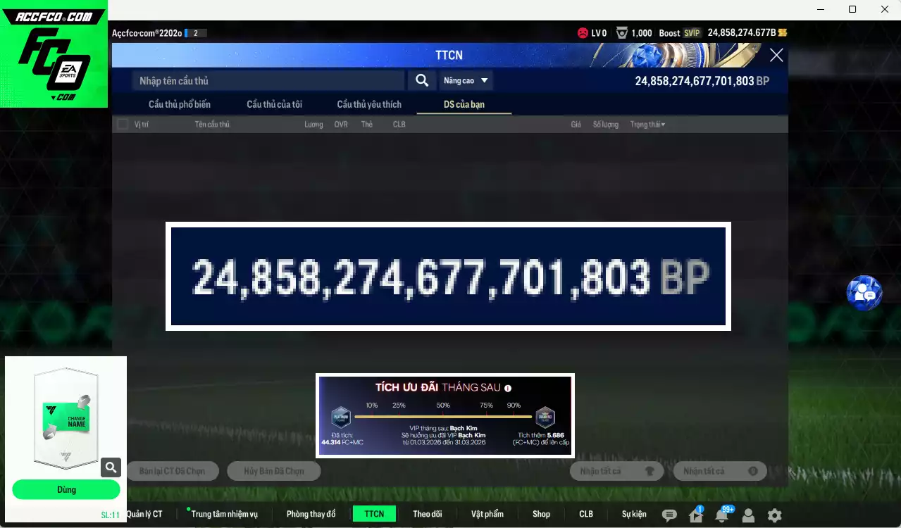 [TOP TỶ PHÚ BP] ACC 24.858.274b trắng, có thẻ đổi tên, còn CP GIẢM THUẾ. HLV tạm, VIP BK Tháng 3