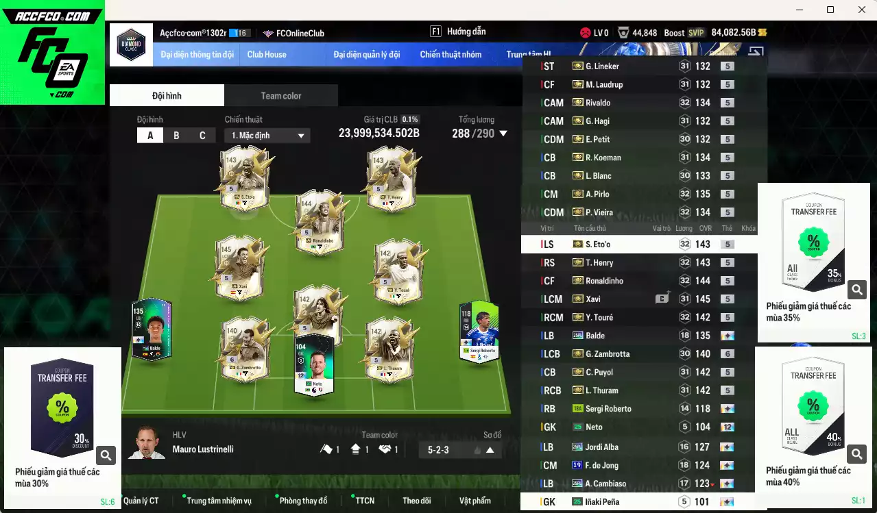 Barcelona mix full ITM+5 23.999.530b có Henry, Eto, Thuram, Vieira, Xavi, Pirlo, Ronaldinho, Touré, Zambrotta+6, Rivaldo, Blanc, Puyol, Hagi, Koeman, Lineker, M. Laudrup, Petit vs nhiều ct fix BP. HLV Xịn, đã full đào tạo chỉ số cầu thủ. VIP KC Tháng 2, BK Tháng 3