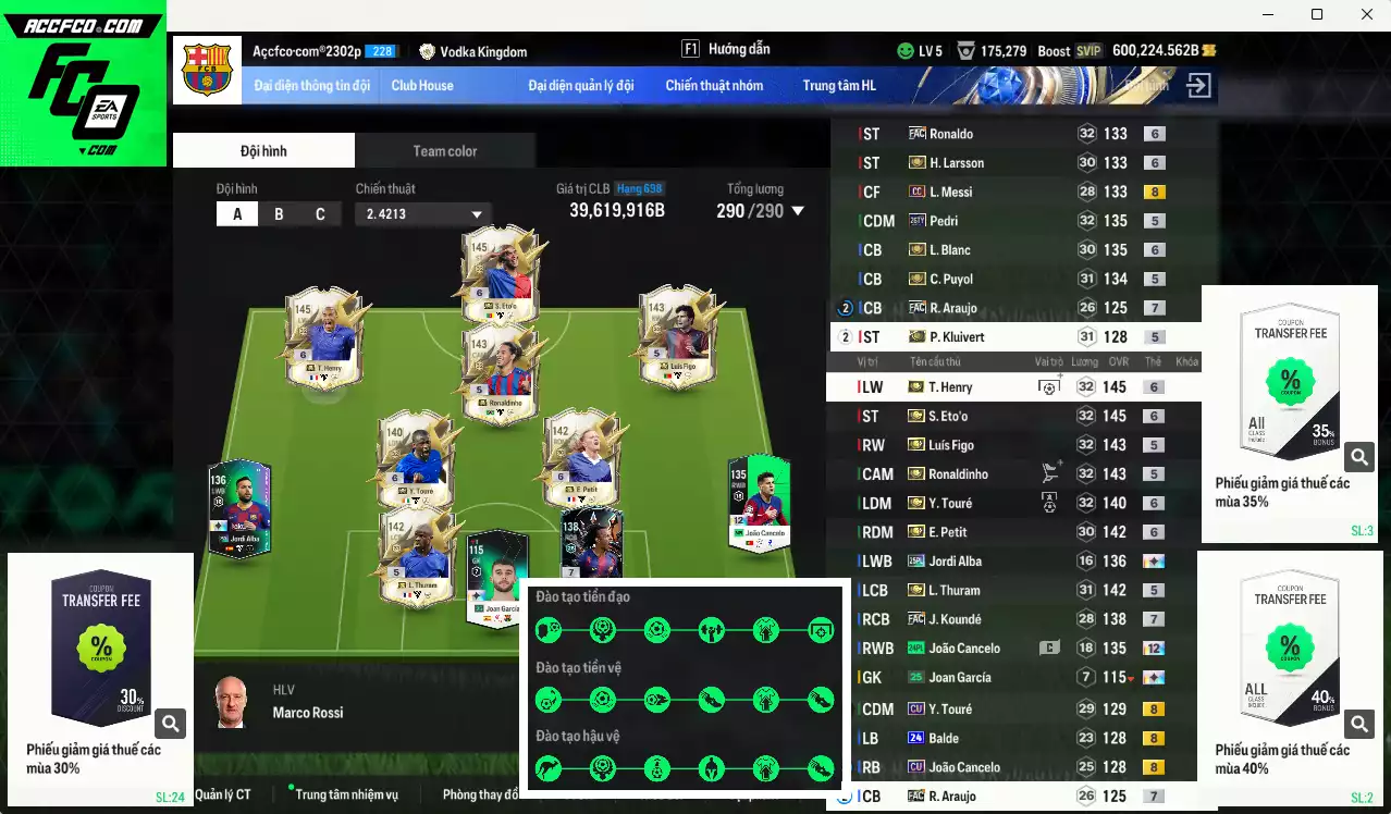 [Hạng 698, Chưa nạp x8 FC Tết🐎] Barcelona 39.619.910b dư 600kb có Henry ITM+6, Eto ITM+6, Figo ITM+5, Thuram ITM+5,Touré ITM+6, Blanc ITM+6, Petit ITM+6, Larsson ITM+6, Pedri 26TY, Ronaldinho ITM+5... vs nhiều ct fix BP. Full miniface, HLV Xịn, đã full đào tạo chiến thuật vs chỉ số ct. VIP KC Tháng 3, BK Tháng 2