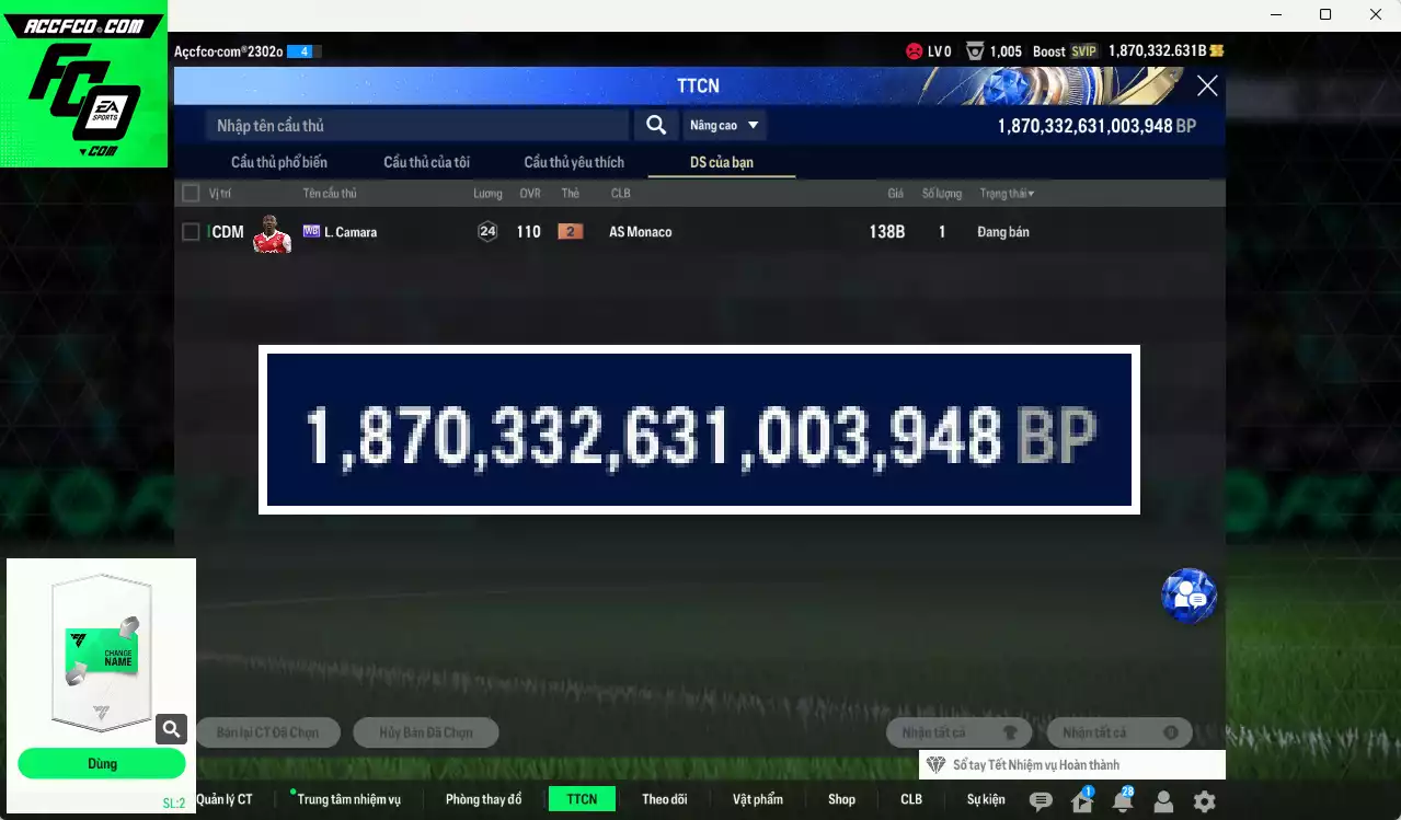 ACC 1870332b trắng, có thẻ đổi tên, còn CP GIẢM THUẾ