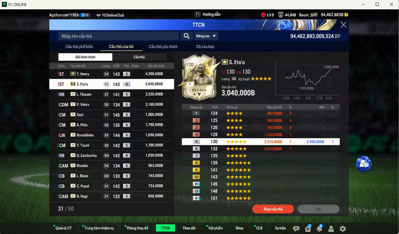 Ảnh Barcelona mix full ITM+5 23.999.530b có Henry, Eto, Thuram, Vieira, Xavi, Pirlo, Ronaldinho, Touré, Zambrotta+6, Rivaldo, Blanc, Puyol, Hagi, Koeman, Lineker, M. Laudrup, Petit vs nhiều ct fix BP. HLV Xịn, đã full đào tạo chỉ số cầu thủ. VIP KC Tháng 2, BK Tháng 3