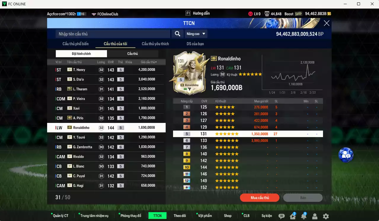 Ảnh Barcelona mix full ITM+5 23.999.530b có Henry, Eto, Thuram, Vieira, Xavi, Pirlo, Ronaldinho, Touré, Zambrotta+6, Rivaldo, Blanc, Puyol, Hagi, Koeman, Lineker, M. Laudrup, Petit vs nhiều ct fix BP. HLV Xịn, đã full đào tạo chỉ số cầu thủ. VIP KC Tháng 2, BK Tháng 3