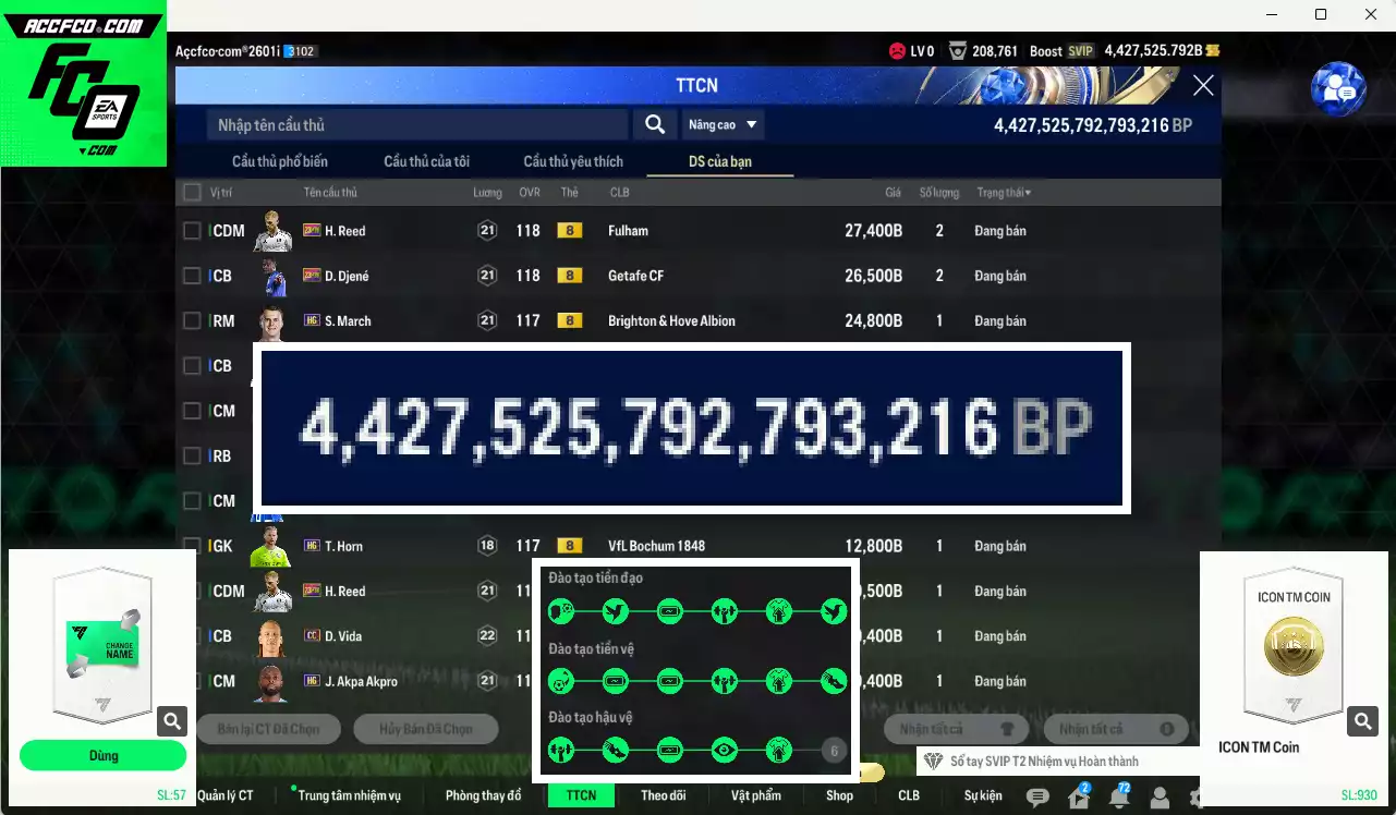 ACC 4427525b trắng, có thẻ đổi tên, full miniface. HLV Siêu Xịn, đã full đào tạo chiến thuật