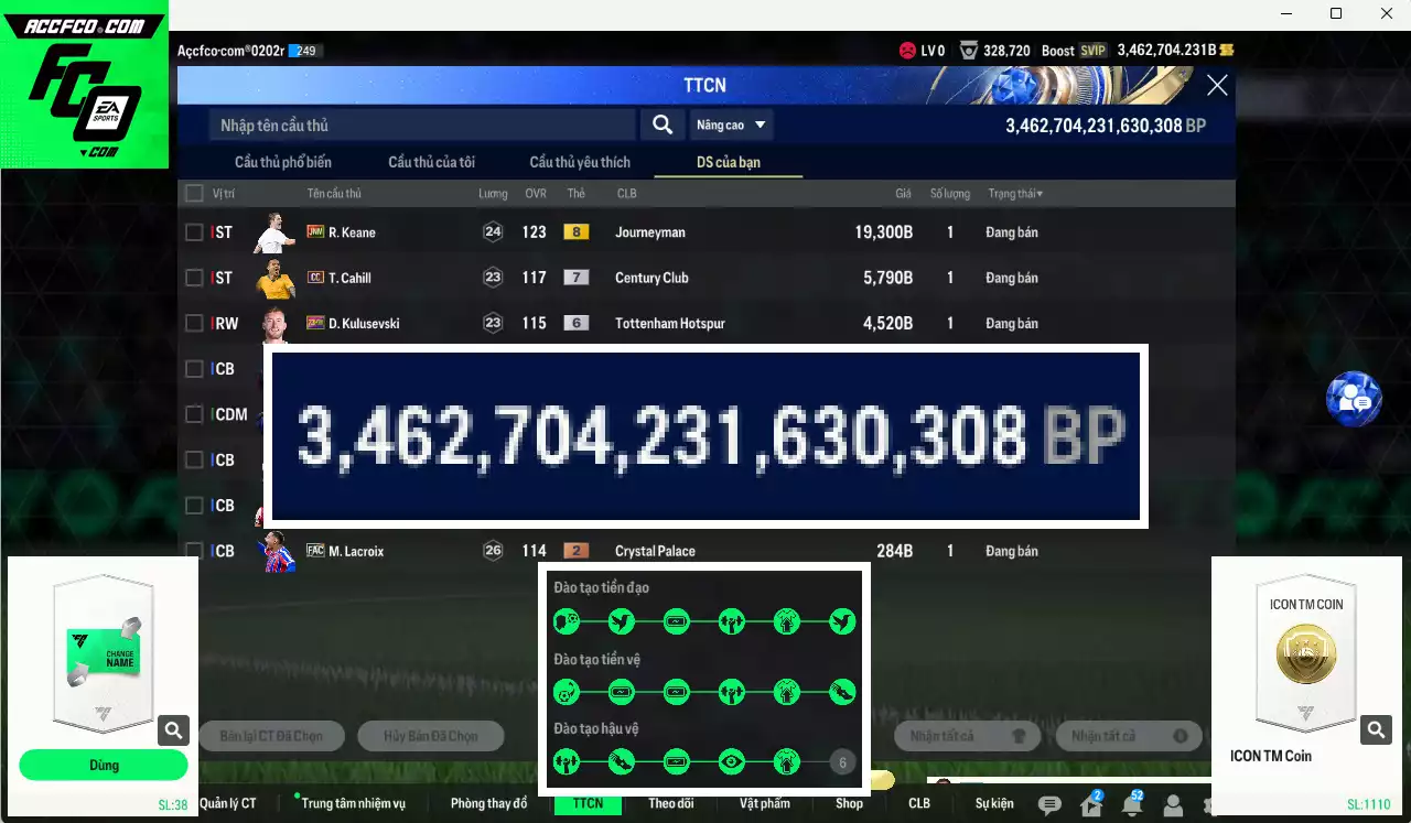 ACC 3462704b trắng, có thẻ đổi tên, full miniface. HLV Xịn, đã full đào tạo chiến thuật