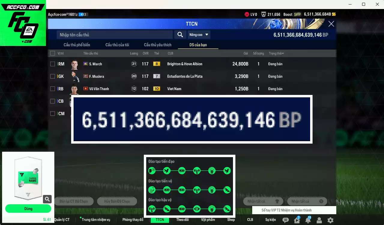 ACC 6511366b trắng, có thẻ đổi tên, full miniface, còn rất nhiều CP GIẢM THUẾ. HLV Siêu Xịn, đã full đào tạo chiến thuật