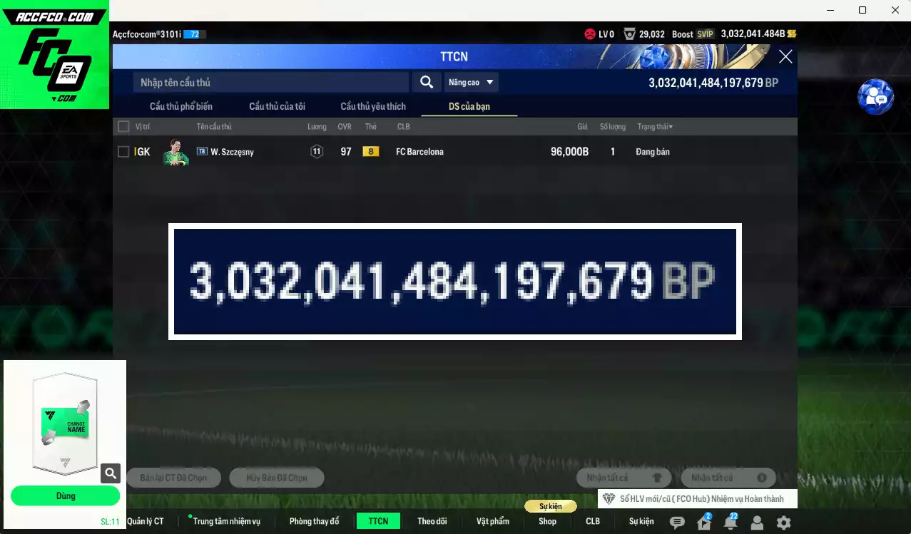 ACC 3032041b trắng, có thẻ đổi tên. HLV Xịn