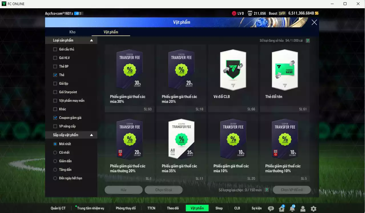 Ảnh ACC 6511366b trắng, có thẻ đổi tên, full miniface, còn rất nhiều CP GIẢM THUẾ. HLV Siêu Xịn, đã full đào tạo chiến thuật
