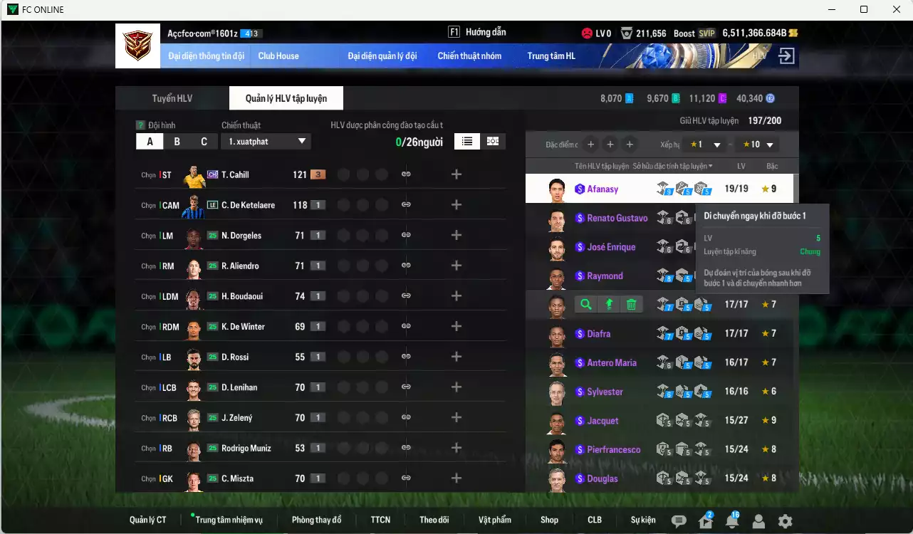 Ảnh ACC 6511366b trắng, có thẻ đổi tên, full miniface, còn rất nhiều CP GIẢM THUẾ. HLV Siêu Xịn, đã full đào tạo chiến thuật