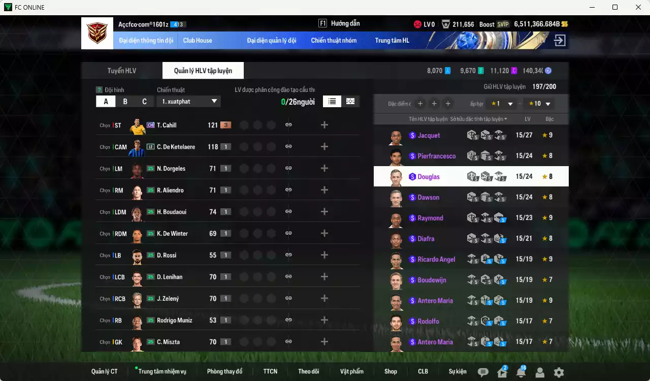 Ảnh ACC 6511366b trắng, có thẻ đổi tên, full miniface, còn rất nhiều CP GIẢM THUẾ. HLV Siêu Xịn, đã full đào tạo chiến thuật