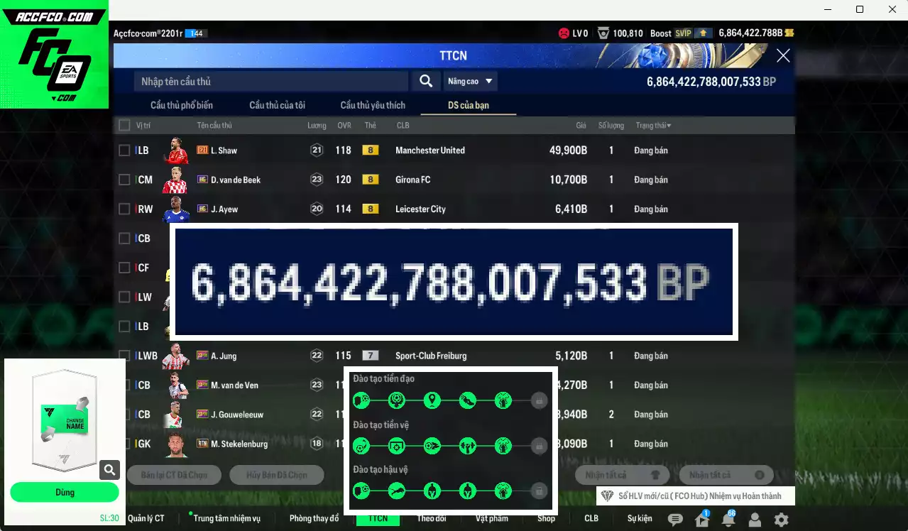ACC 6864422b trắng, có thẻ đổi tên, còn CP GIẢM THUẾ. HLV Xịn, gần full đào tạo chiến thuật, dư 220k TC