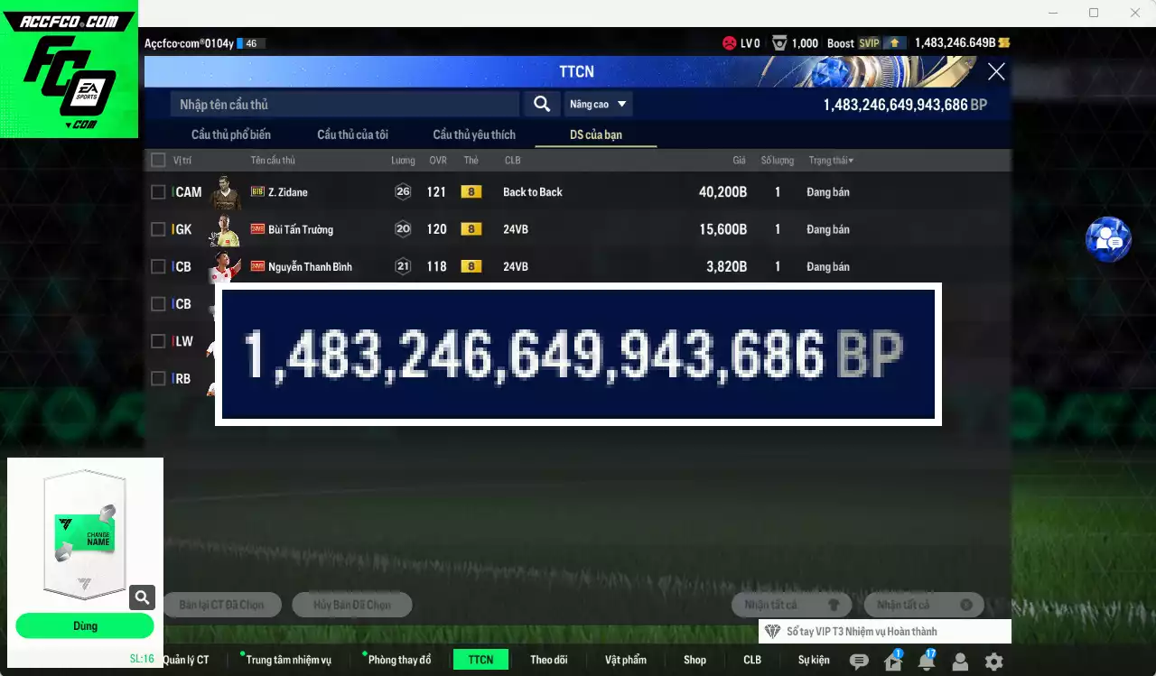 ACC 1483246b trắng, có thẻ đổi tên. HLV Xịn