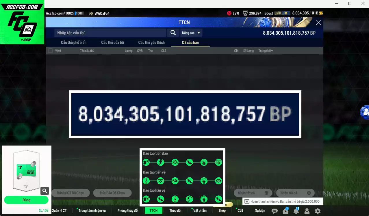 [ACC Hiếm] ACC 8034305b trắng, có thẻ đổi tên, full miniface, còn rất nhiều CP GIẢM THUẾ. HLV Siêu Xịn, đã full đào tạo chiến thuật, dư 290k TC