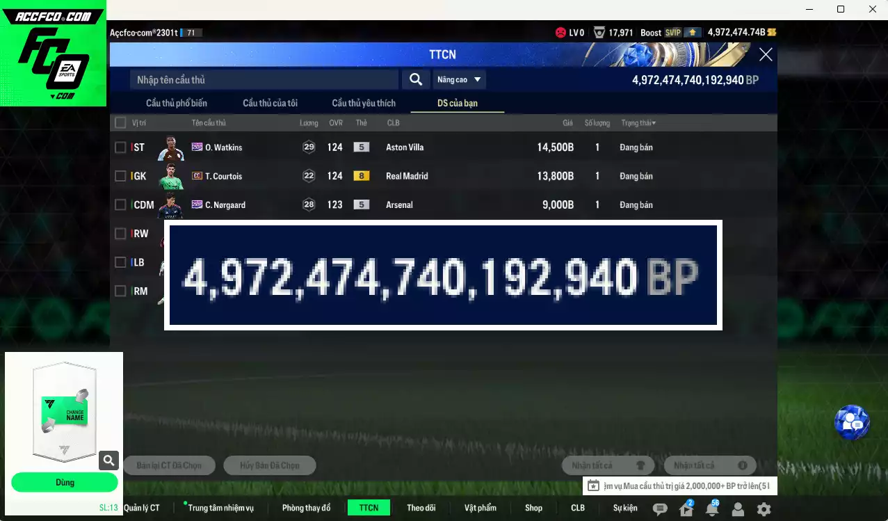 ACC 4972474b trắng, có thẻ đổi tên, dư 130k TC