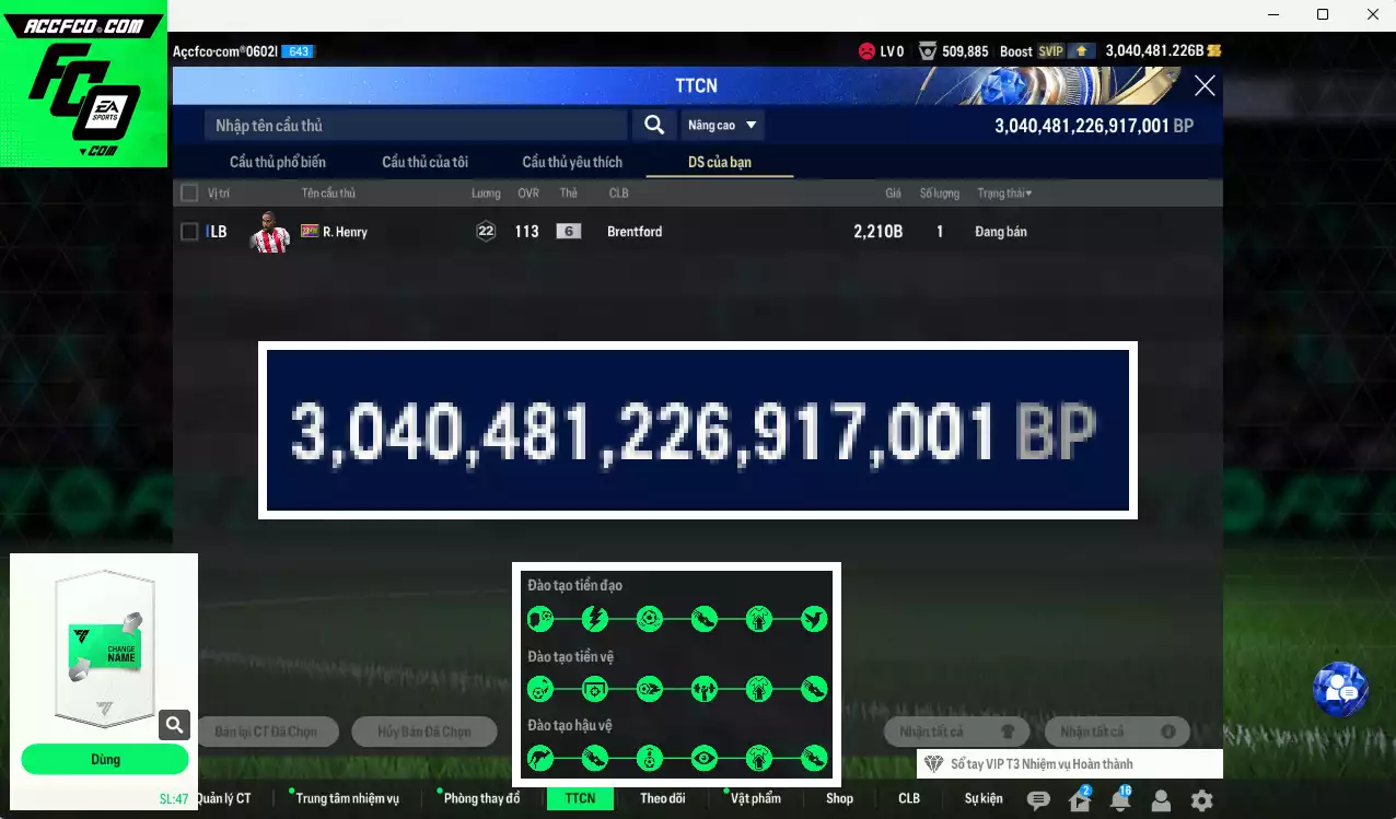 ACC 3040481b trắng, có thẻ đổi tên, full miniface. HLV Siêu Xịn, đã full đào tạo chiến thuật