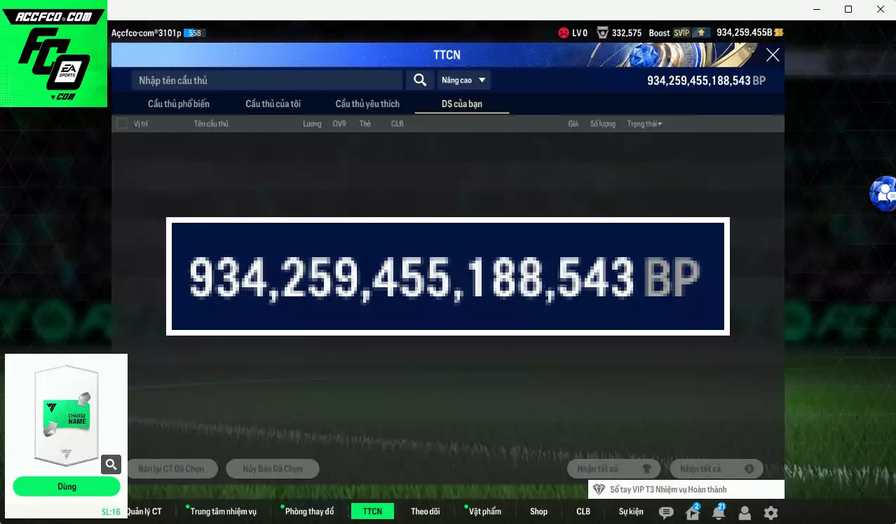 ACC 934259b trắng, có thẻ đổi tên, full miniface. HLV Xịn, dư 160k TC