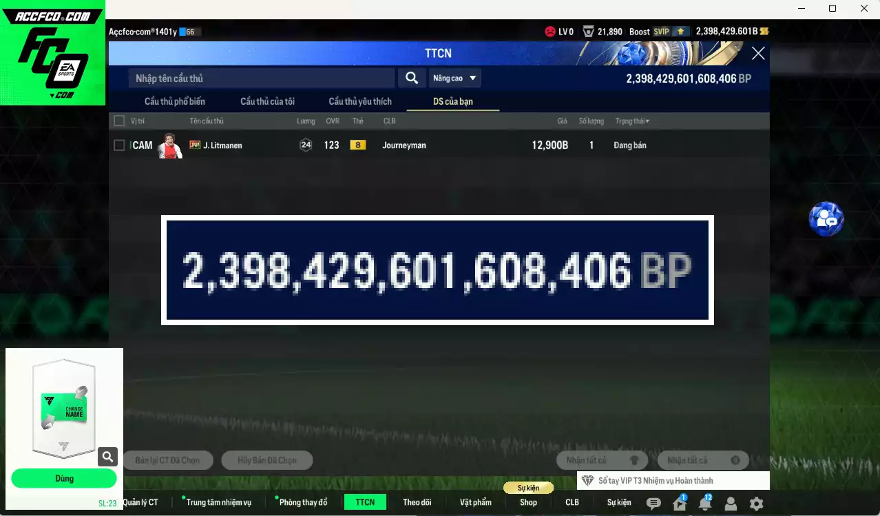 ACC 2398429b trắng, có thẻ đổi tên. Dư 190k TC