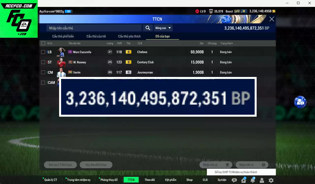 ACC 3236140b trắng, có thẻ đổi tên. HLV Xịn, dư 130k TC