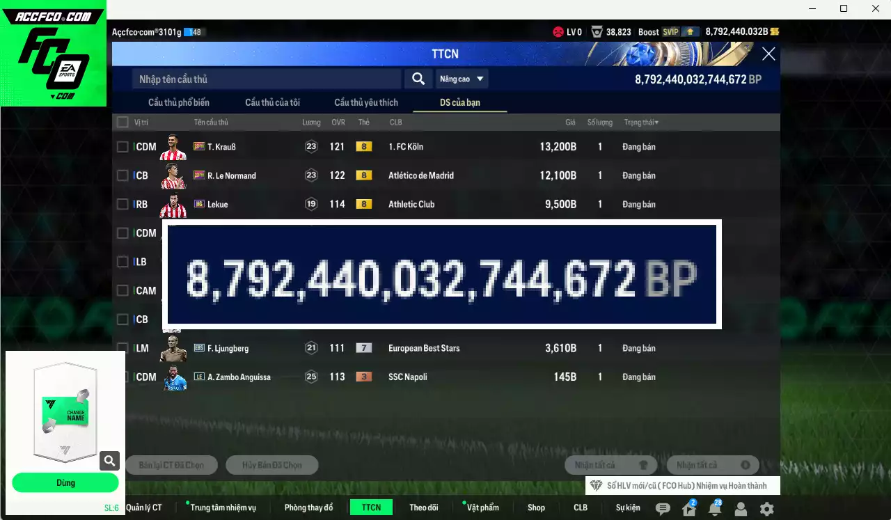 ACC 8792440b trắng, có thẻ đổi tên. HLV Xịn, dư 200k TC