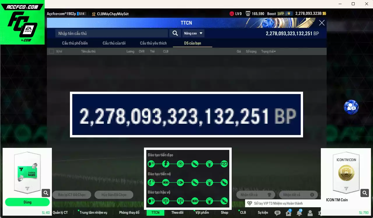 ACC 2278093b trắng, có thẻ đổi tên, full miniface, còn CP GIẢM THUẾ. HLV Siêu Xịn, đã full đào tạo chiến thuật, dư 120k TC